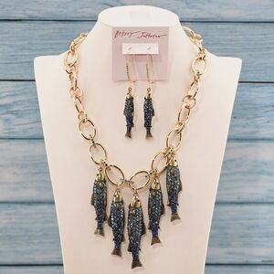 Betsey Johnson Necklace & Earrings Set Mermaid Jewels Sardines Fish Beach Gift
